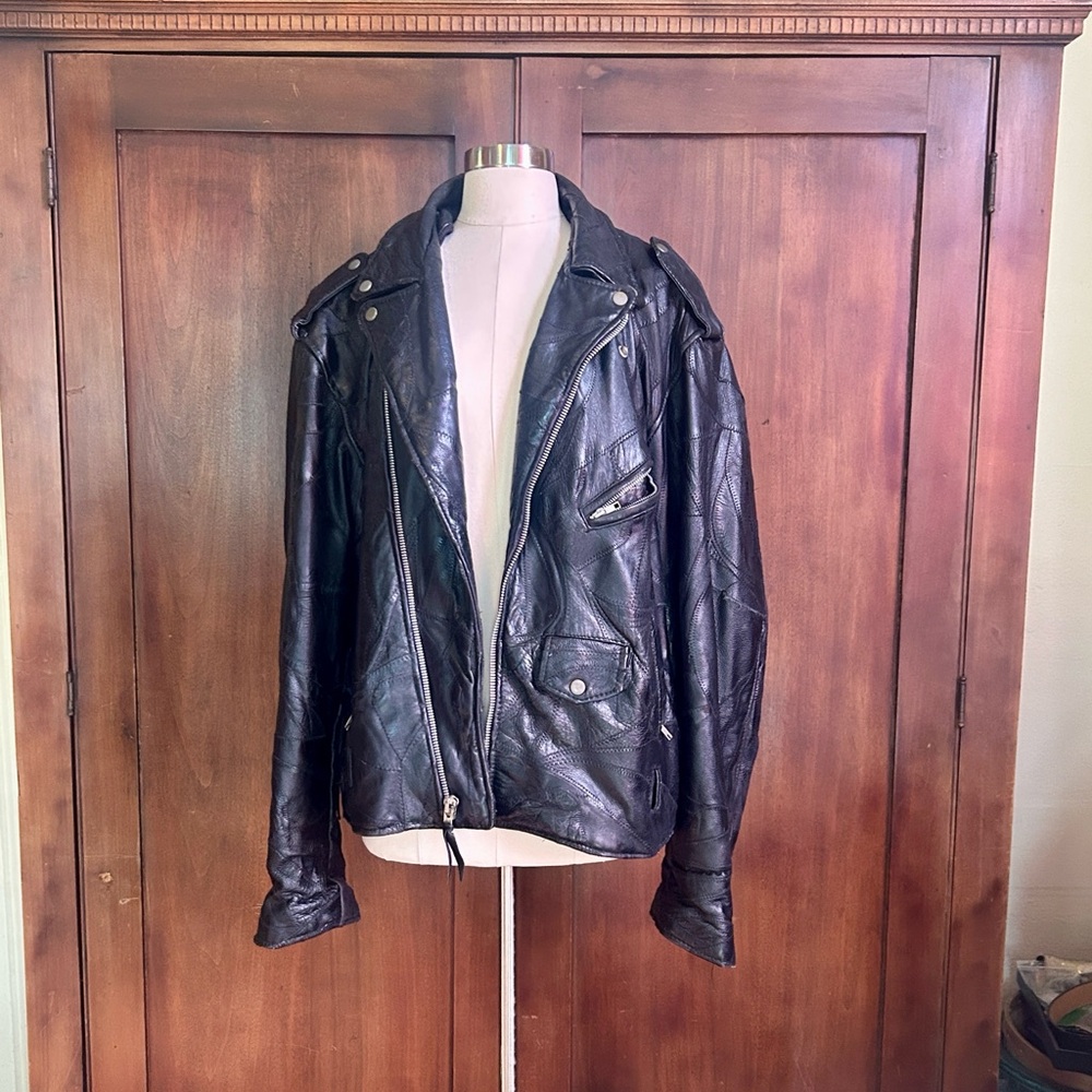 80s Black Leather Patchwork Motorcycle Jacket XL - image 16